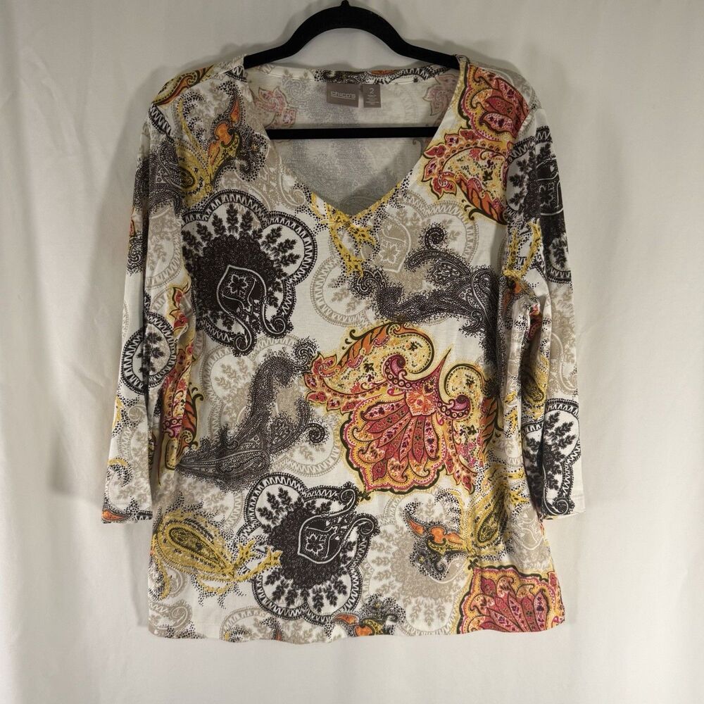 Chico's Blouse Women's 2 Large Vneck Yellow Paisley Print 3/4 Sleeve Lightweight
